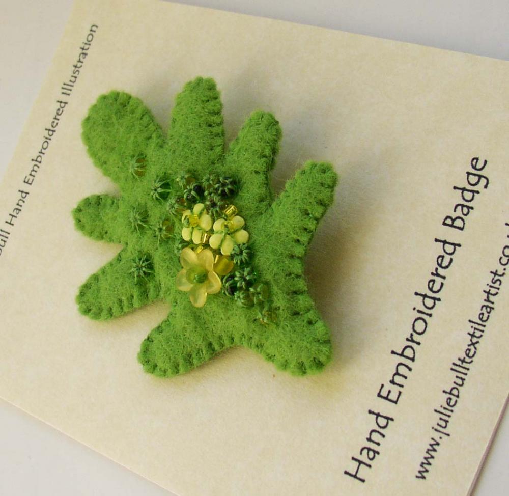 Hand Embroidered Wool Felt Brooch. Spring Oak Leaf.