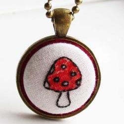 Tiny Toadstool Hand Embroidered Pendant 